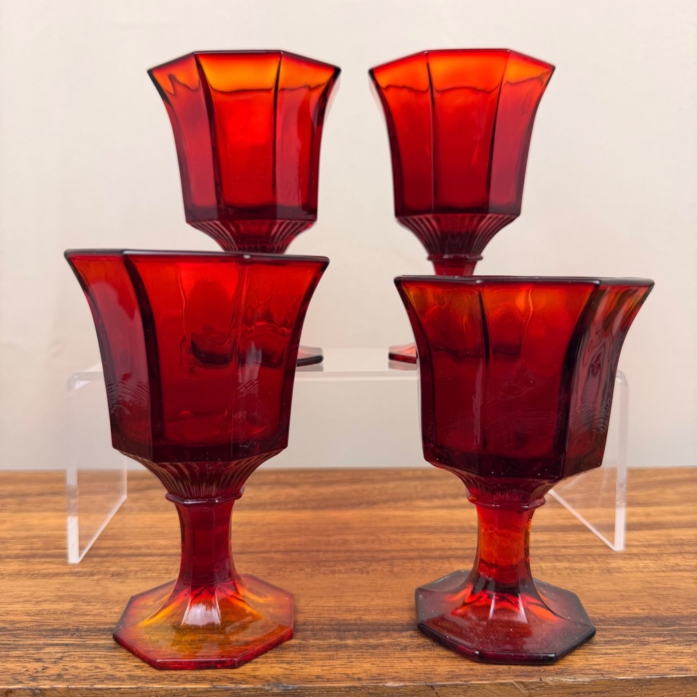 Vintage Amberina Independence Glass Goblets Hexagon Paneled Stemware Set of 4